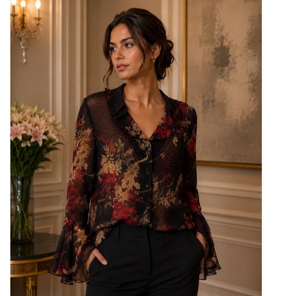 dressbarn Tops - Dressbarn Vintage Sheer Floral Bell Sleeve Blouse Red Black Y2K Medium